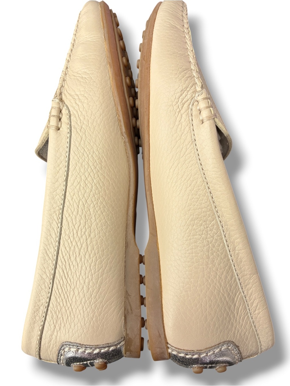 Peter Millar cream/ silver pebbled leather driving moccasins. New. Sz 6 - Picture 6 of 15